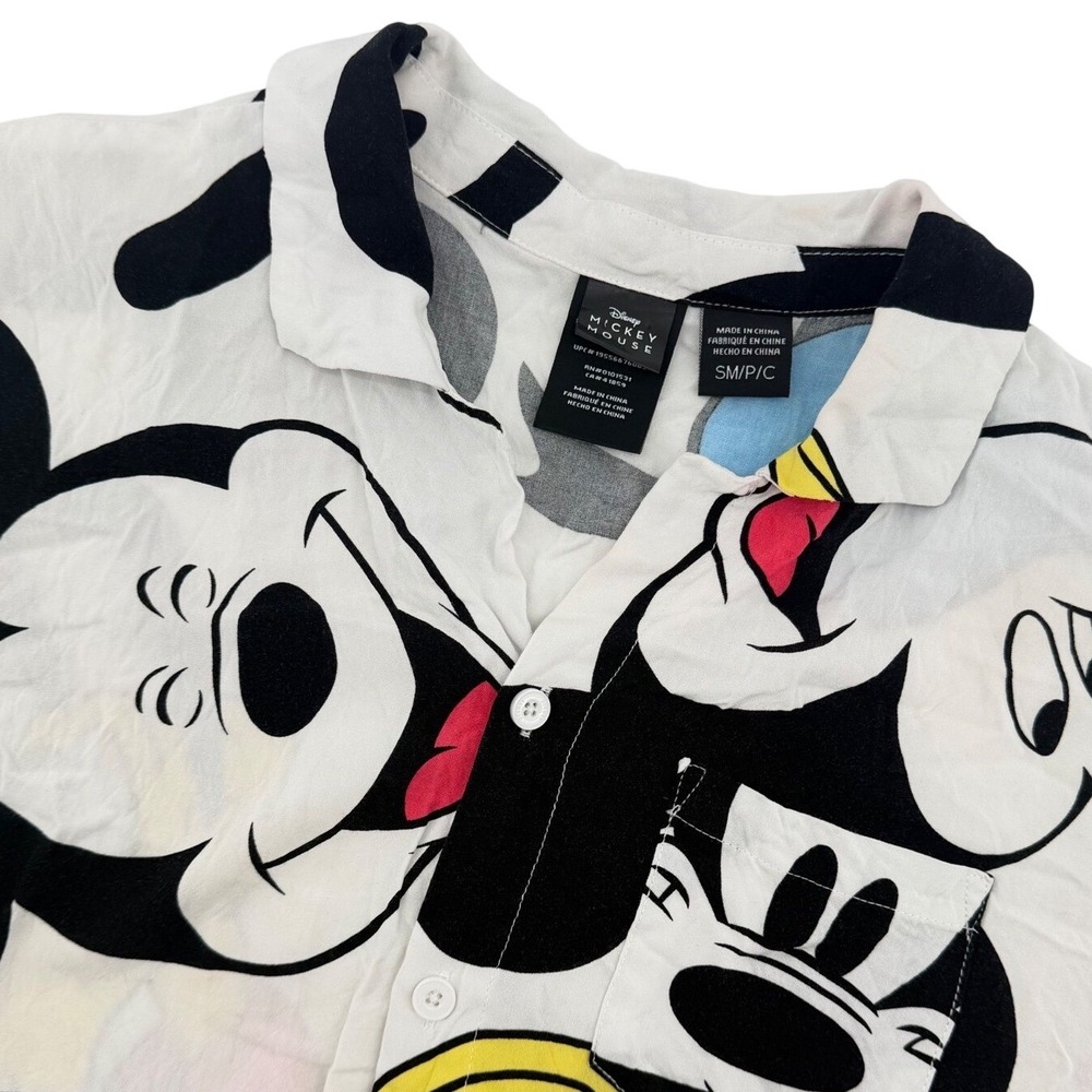 Disney Mickey Mouse Button Front Shirt Womens Small White Character Rayon Print